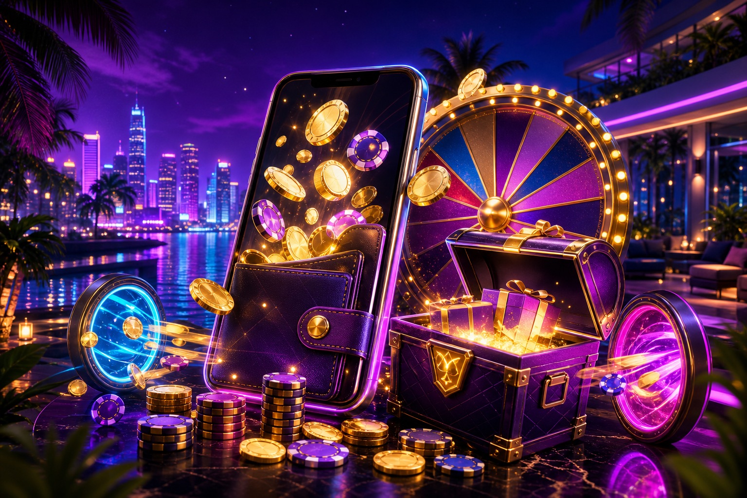 Mobile wallet, payment arrows, reward gift and free-spin wheel in a purple and gold setting