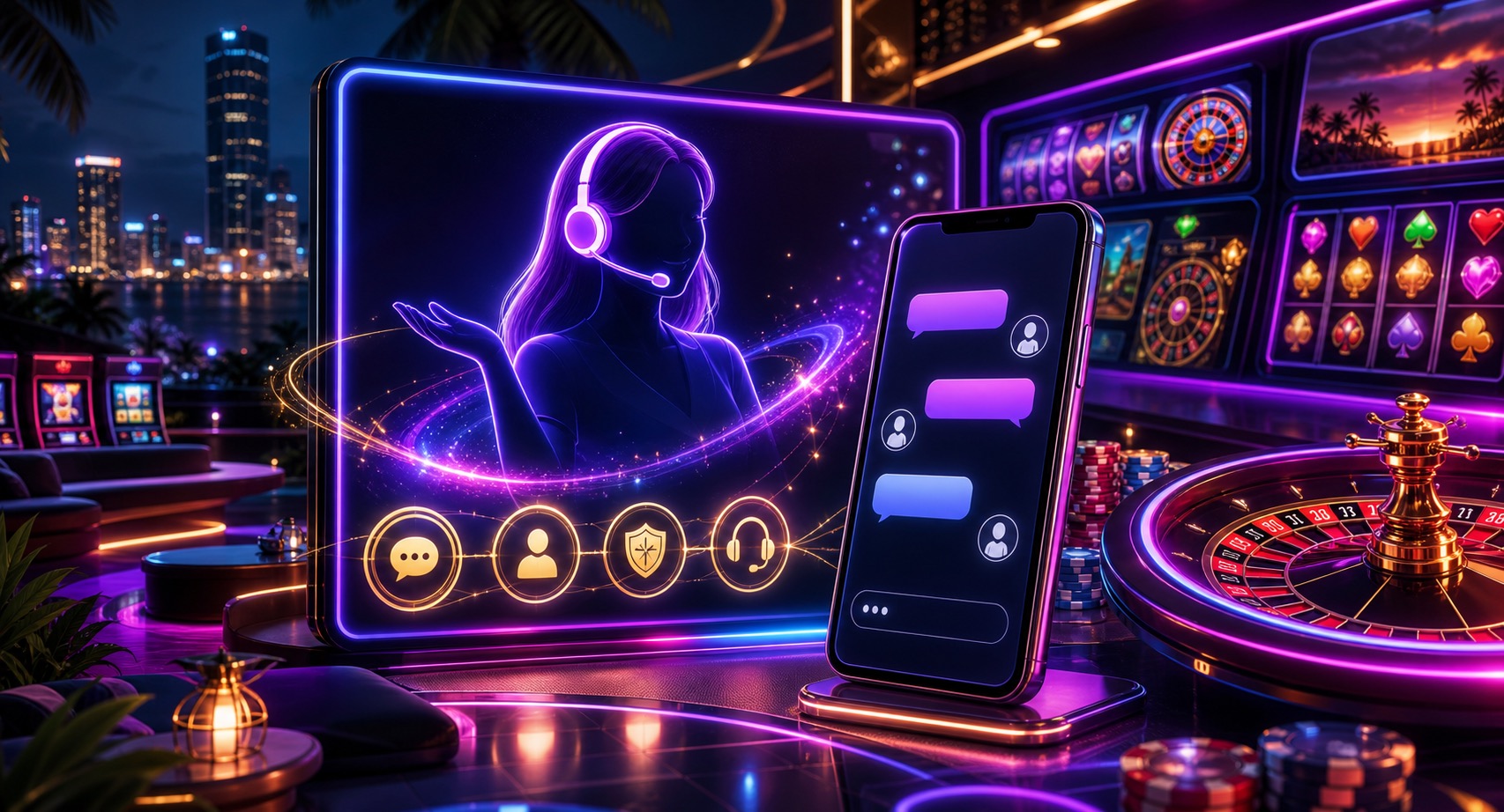 Online casino help center with questions, checklist and customer support headset