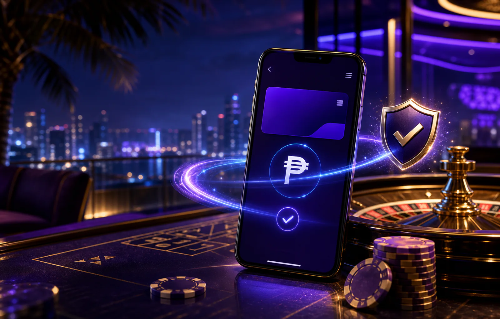 Peso wallet phone beside casino chips and a verification shield