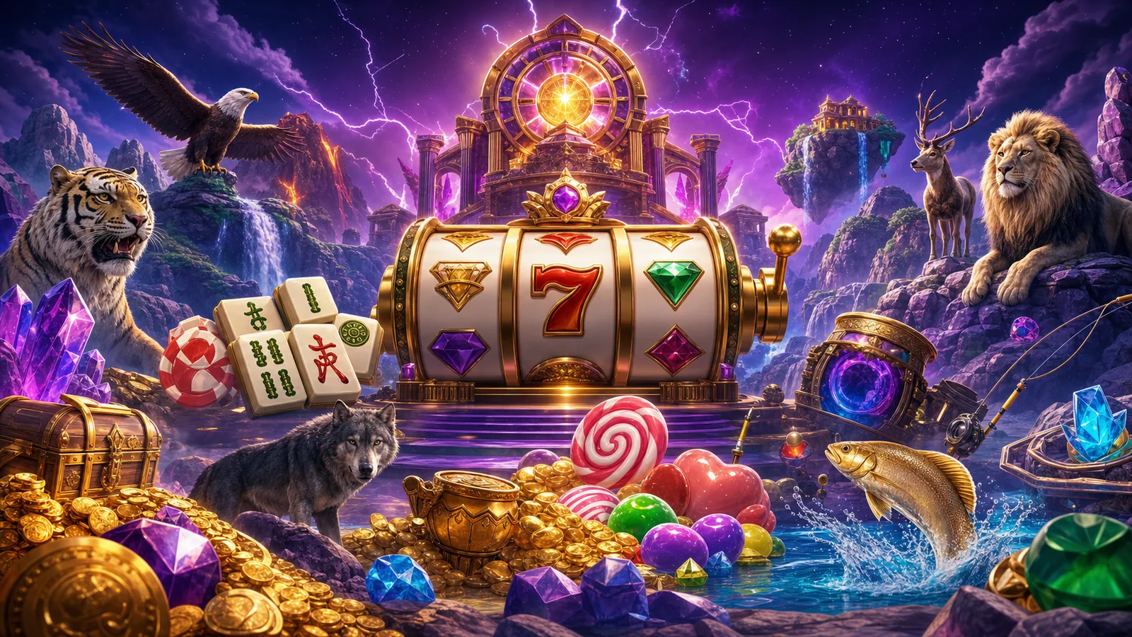 Original gallery of colourful slot game worlds with reels, treasure and fantasy light