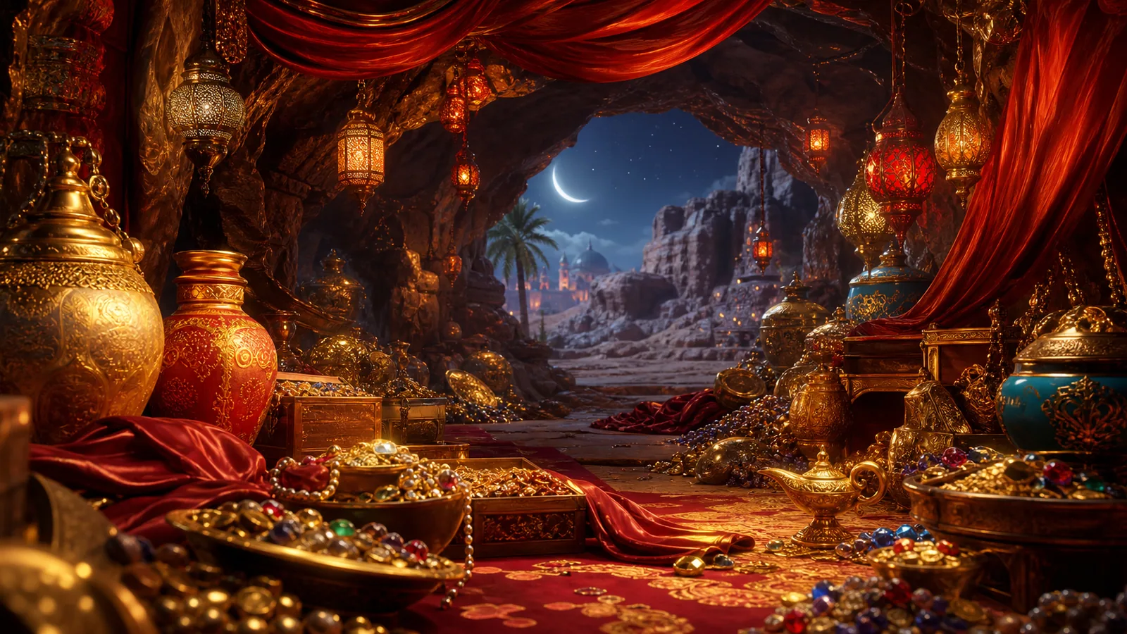 Original Alibaba-inspired editorial artwork featuring a lantern-lit treasure cave, coins and desert silk