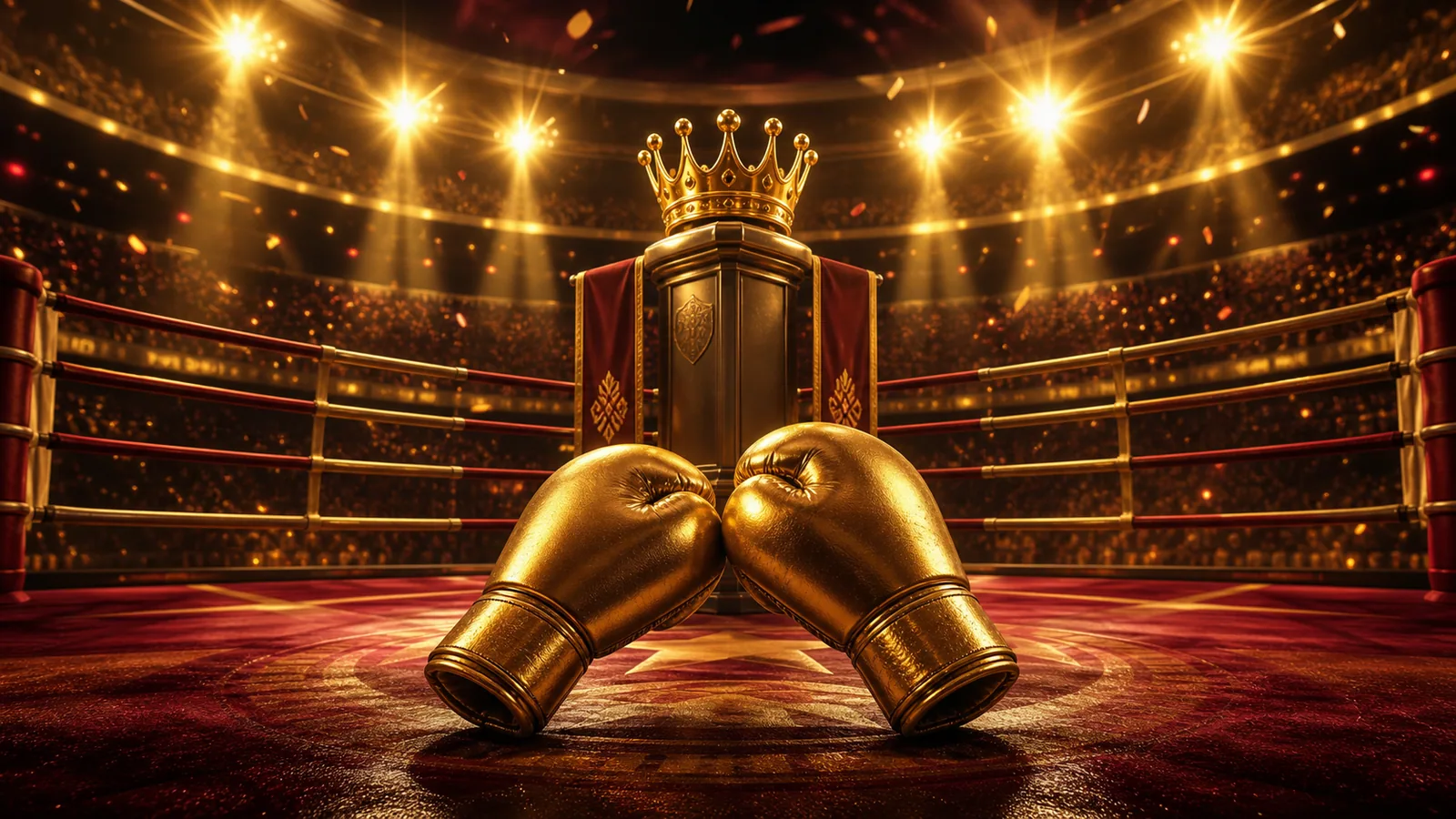 Original Boxing King-inspired editorial artwork featuring a championship ring, gold gloves and arena lighting