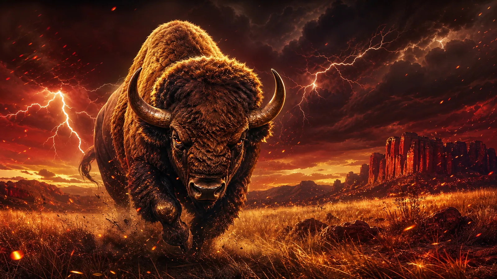 Original Charge Buffalo-inspired editorial artwork featuring a stormy prairie, charging buffalo and bronze sparks