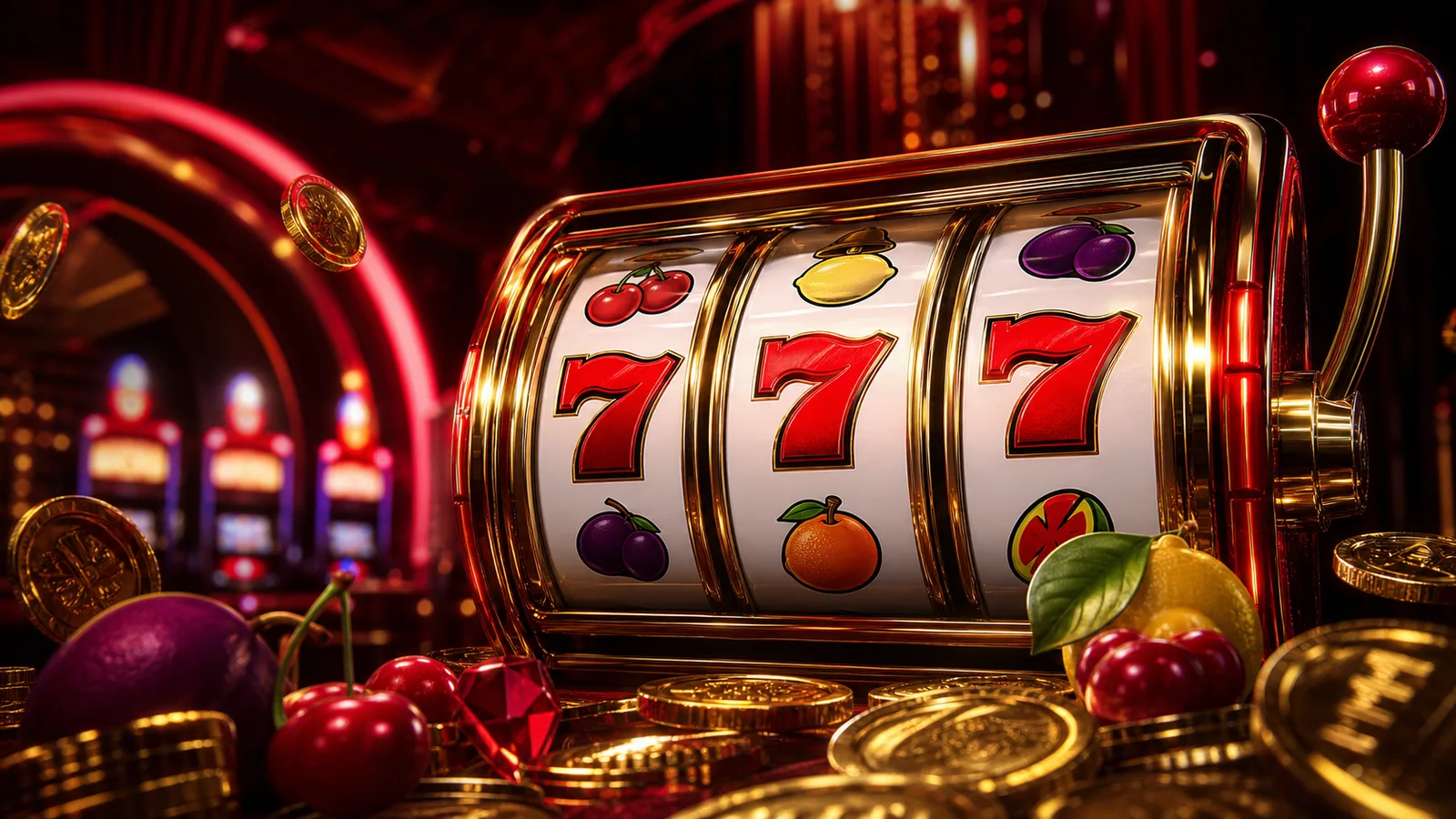 Original Crazy 777-inspired editorial artwork featuring classic red sevens, chrome reels and neon fruit-machine light