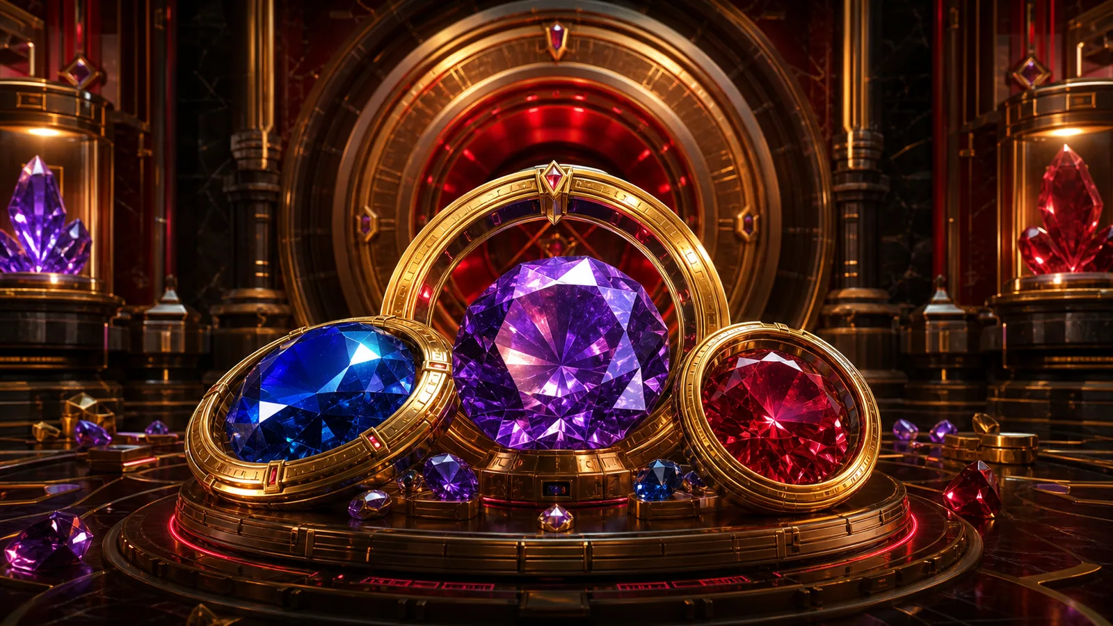 Original Fortune Gems-inspired editorial artwork featuring glowing gemstones, vault light and jewel-cut reflections