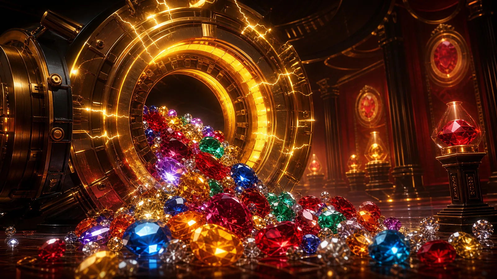 Original Fortune Gems 2-inspired editorial artwork featuring faceted gems, electric gold rings and a futuristic vault