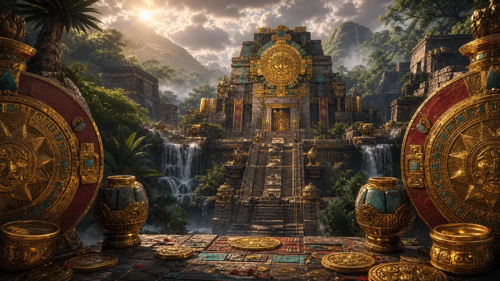 Original Golden Empire-inspired editorial artwork featuring an Inca sun temple, carved gold and jungle mist