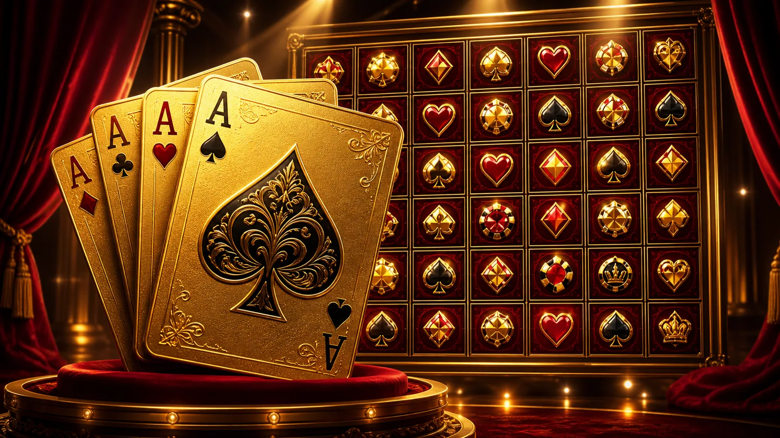 Original Mega Ace-inspired editorial artwork featuring oversized golden aces, dark velvet and casino spotlights
