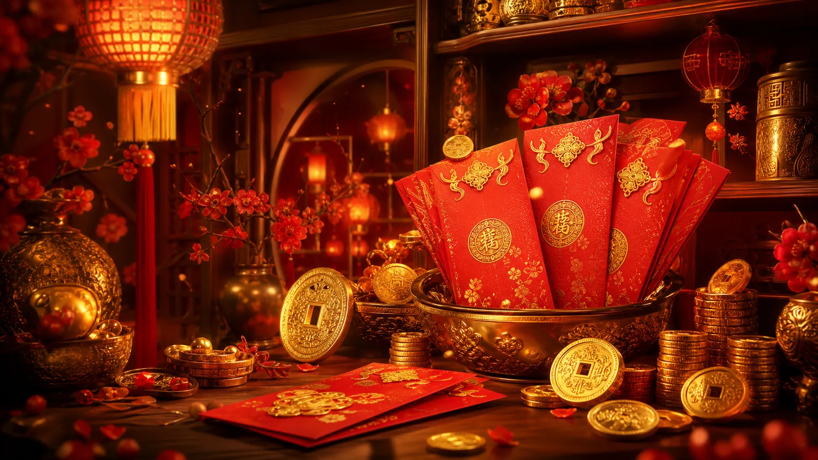 Original Money Coming-inspired editorial artwork featuring red envelopes, lucky coins and a bright festival cabinet