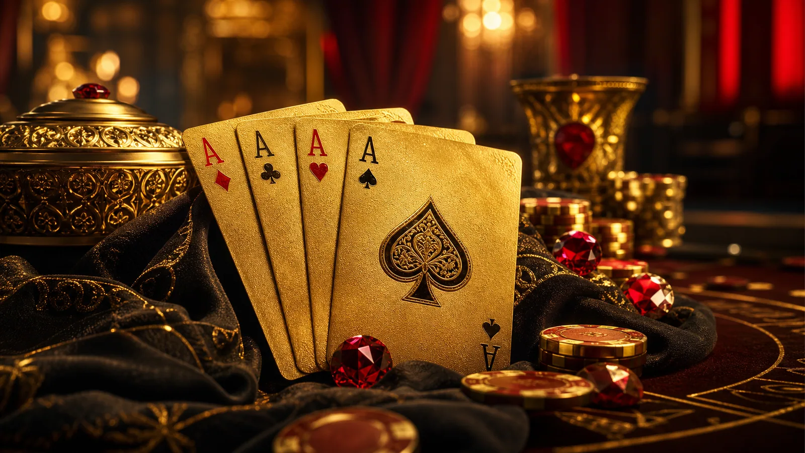 Original Super Ace-inspired editorial artwork featuring playing cards, gold and a polished high-roller table