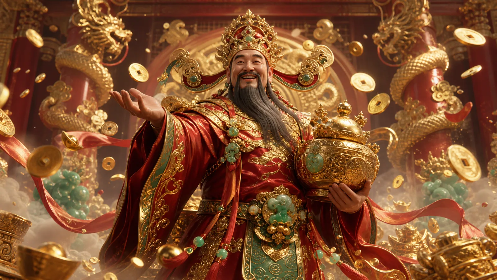 Original Caishen Wins-inspired editorial artwork featuring the god of wealth, flying coins and a red-and-gold celestial hall