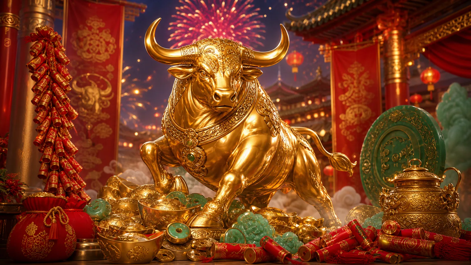 Original Fortune Ox-inspired editorial artwork featuring a powerful golden ox, firecrackers and red New Year banners