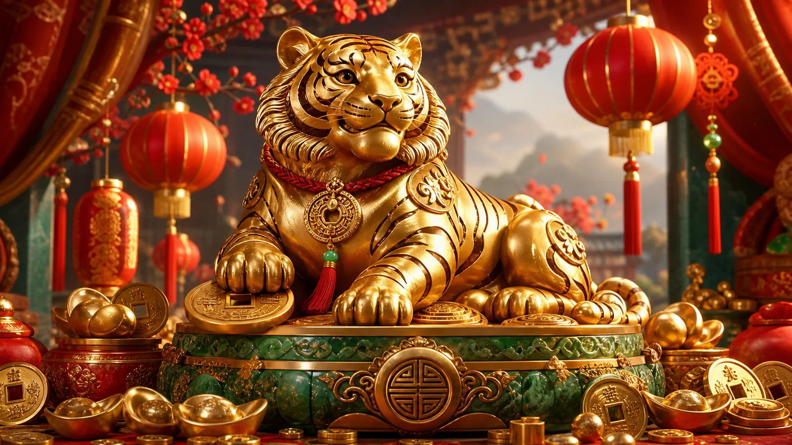 Original Fortune Tiger-inspired editorial artwork featuring a friendly golden tiger, red festival decorations and lucky coins