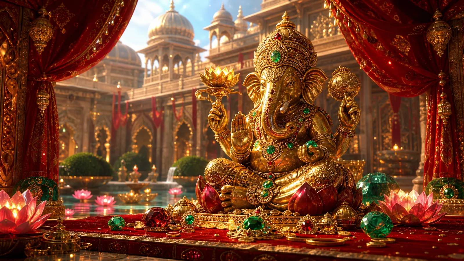 Original Ganesha Fortune-inspired editorial artwork featuring an ornate Indian palace, lotus light and jeweled gold carvings