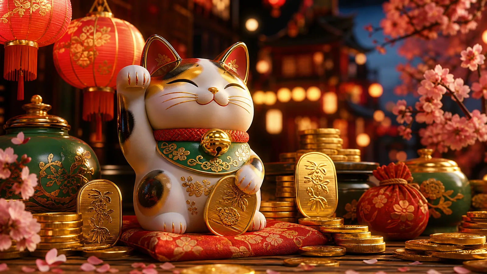 Original Lucky Neko-inspired editorial artwork featuring a waving lucky cat, gold koban coins and a Japanese shopfront