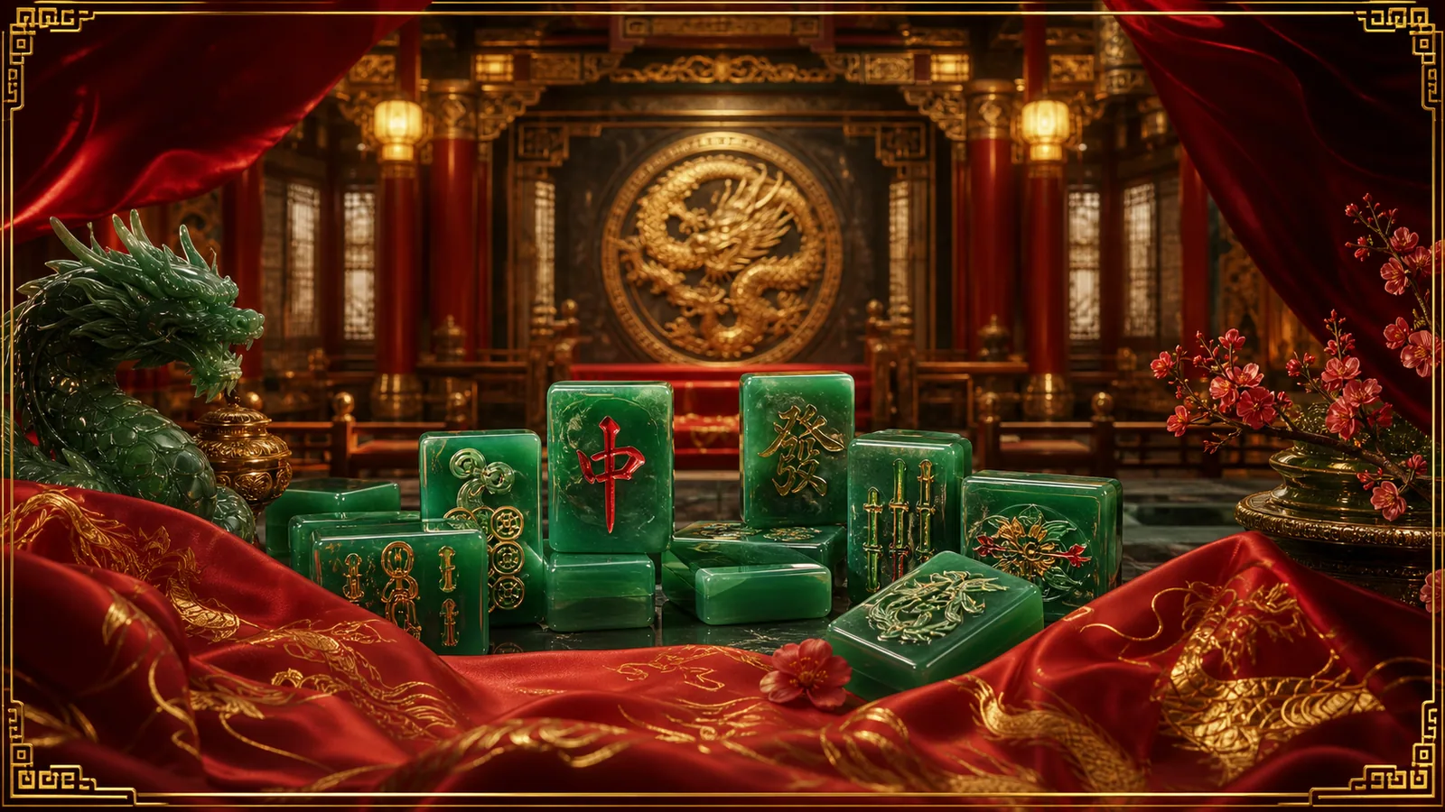 Original Mahjong Ways-inspired editorial artwork featuring jade mahjong tiles, red silk and a ceremonial gold frame