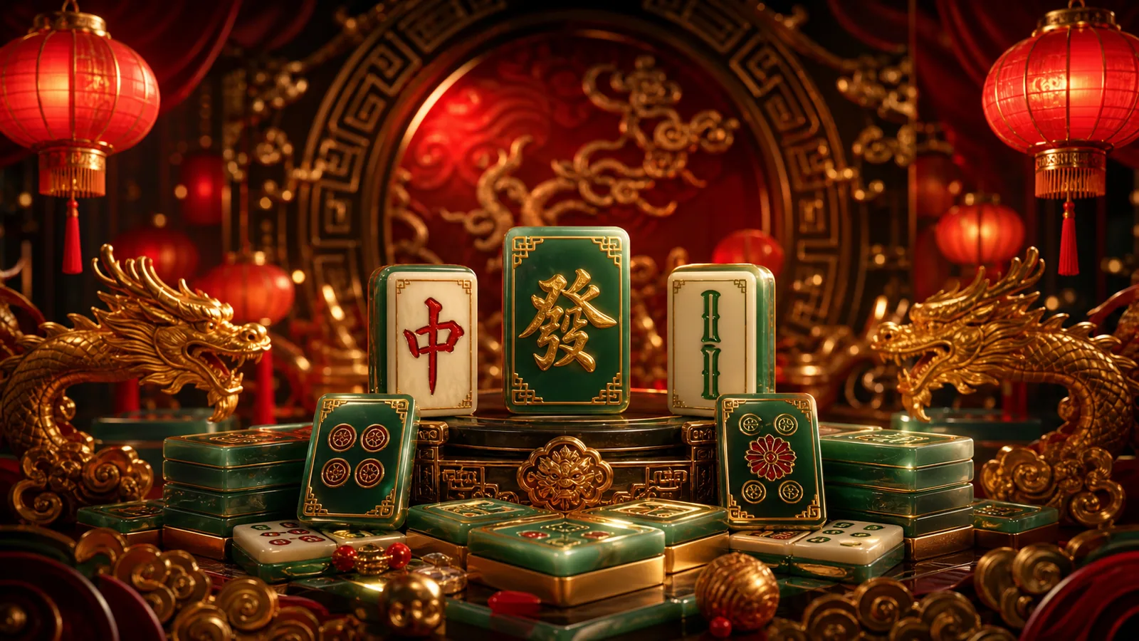 Original Mahjong Ways 2-inspired editorial artwork featuring layered emerald tiles, gold dragons and luminous red lanterns