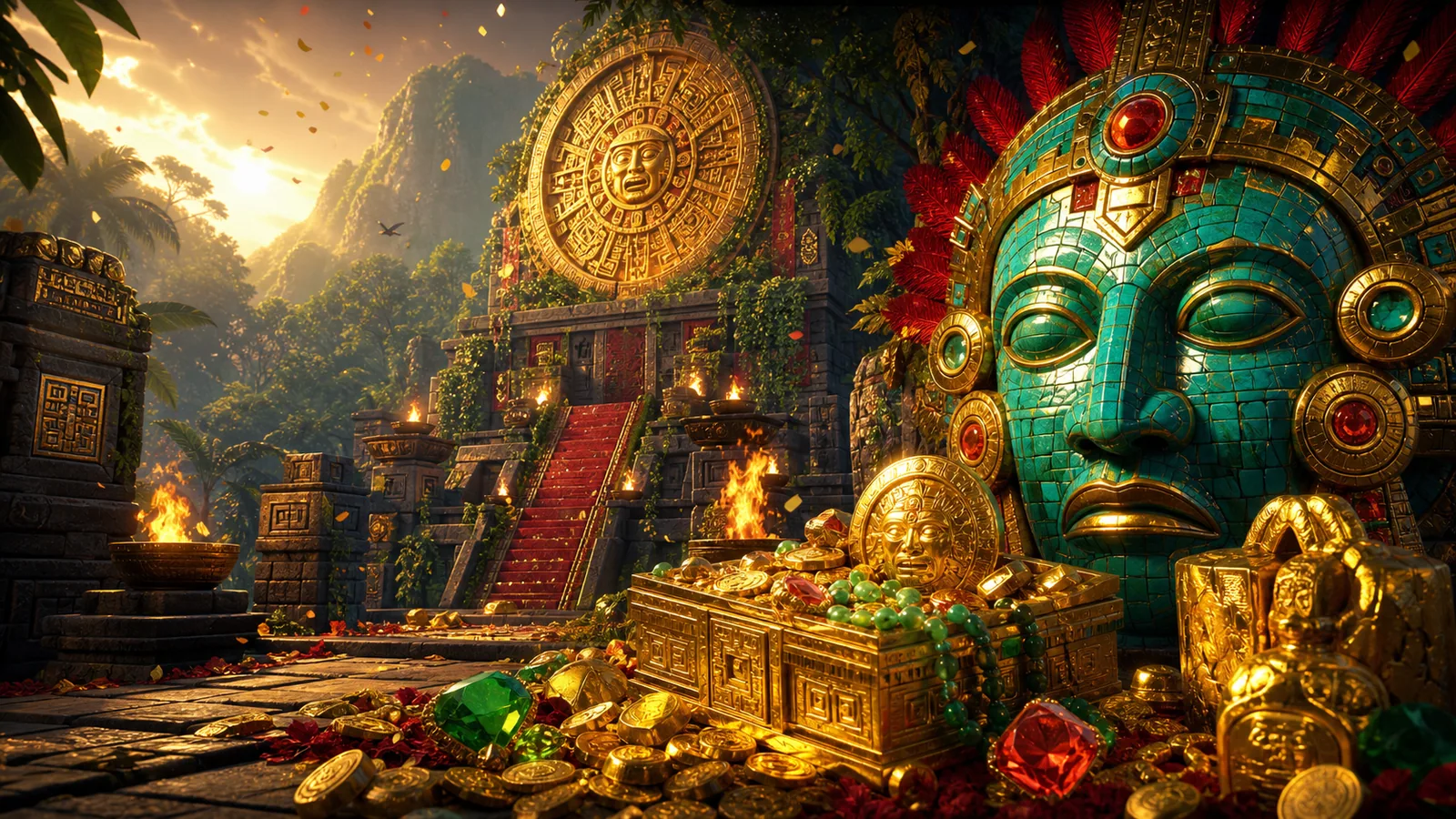 Original Treasures of Aztec-inspired editorial artwork featuring an Aztec temple, turquoise masks and sunlit jungle treasure