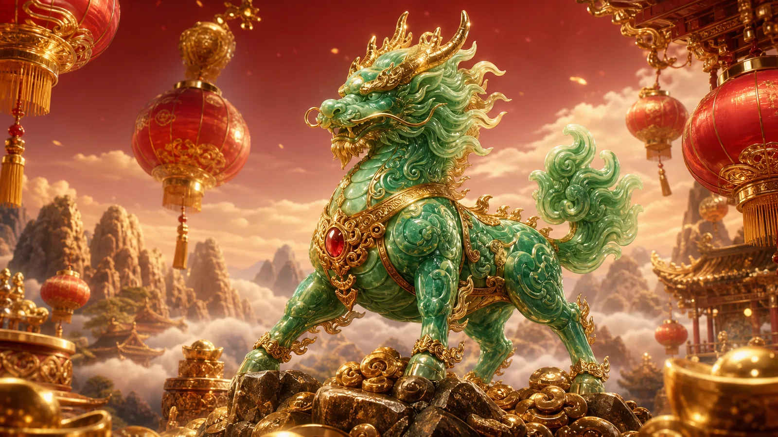 Original Ways of the Qilin-inspired editorial artwork featuring a celestial qilin, mountain clouds and glowing jade