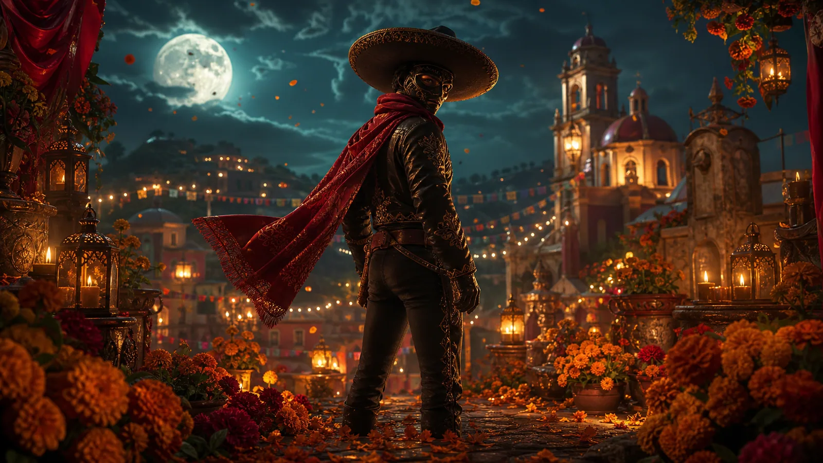 Original Wild Bandito-inspired editorial artwork featuring a moonlit fiesta town, masked bandit and glowing marigolds