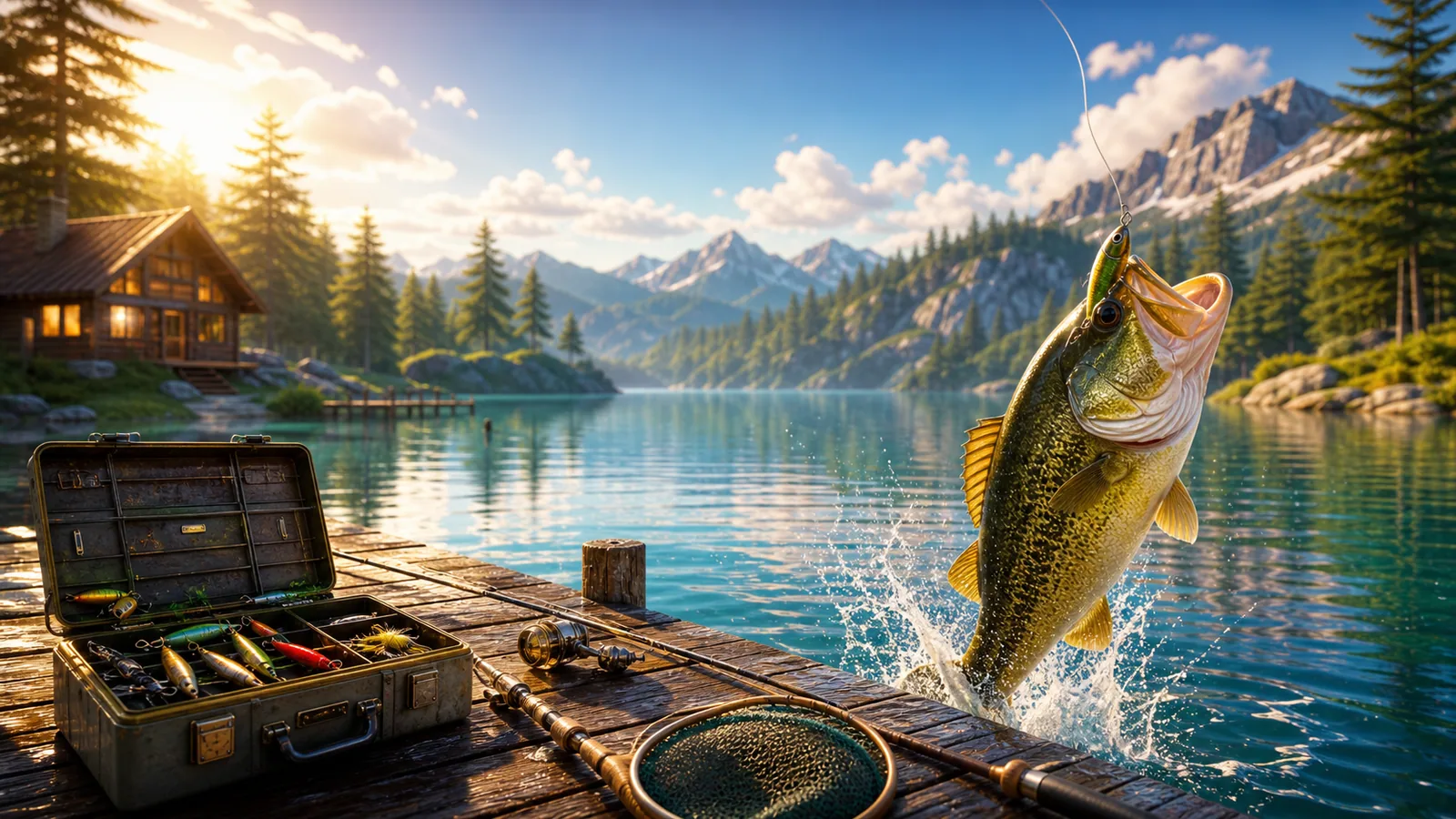 Original Big Bass Bonanza-inspired editorial artwork featuring a sunlit fishing lake, tackle box and gleaming catch symbols
