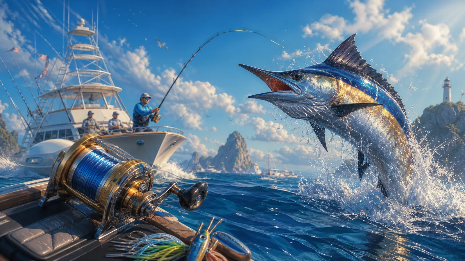 Original Big Bass Splash-inspired editorial artwork featuring a blue-water fishing tournament with reels, boats and cash floats