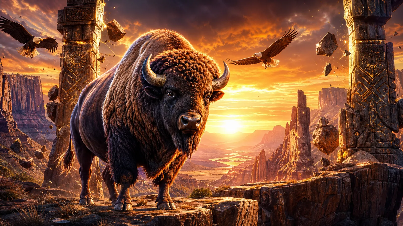 Original Buffalo King Megaways-inspired editorial artwork featuring a dramatic canyon with buffalo, eagles and expanding reels