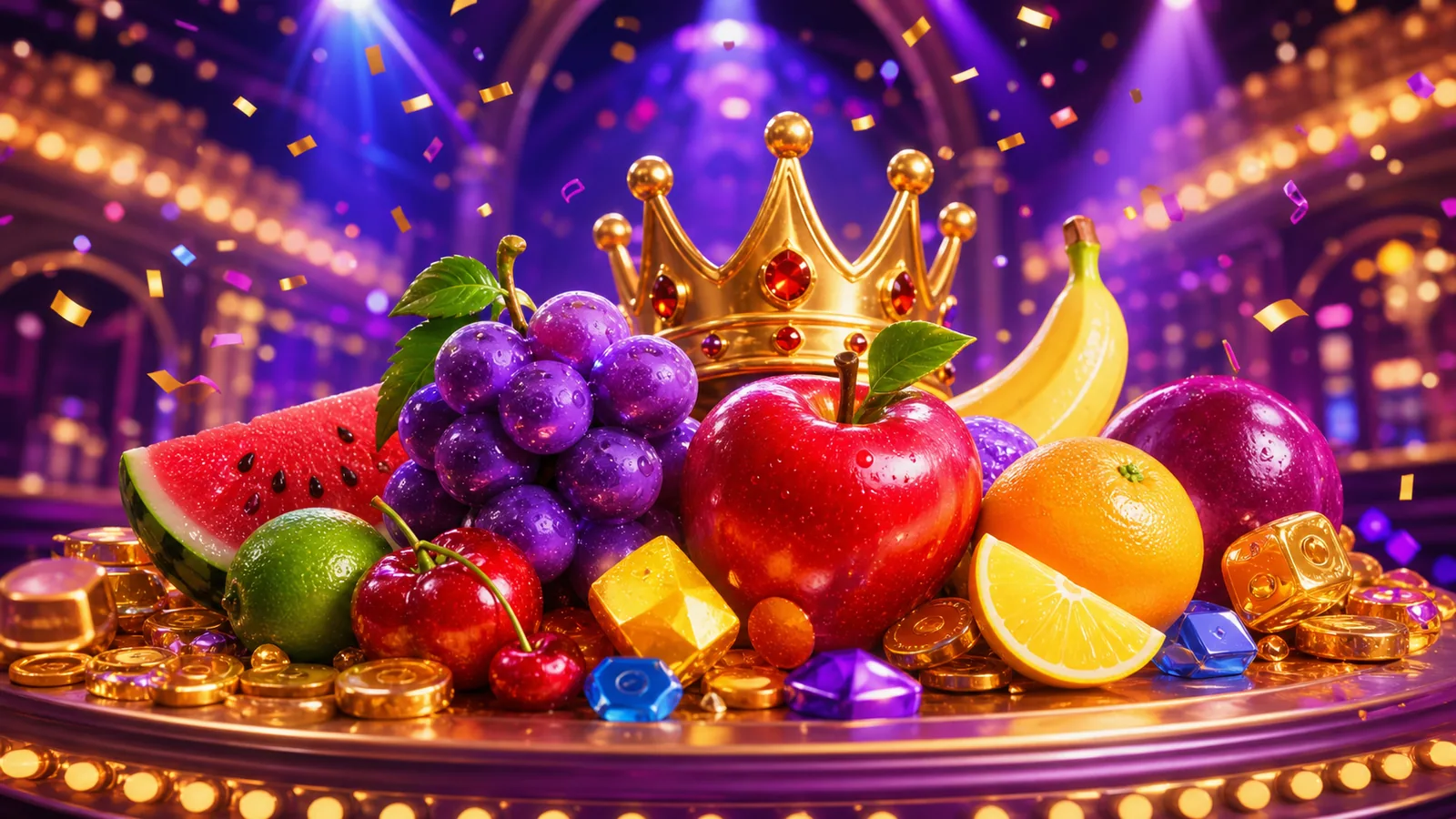 Original Fruit Party-inspired editorial artwork featuring glossy fruit, confetti and a vivid party stage