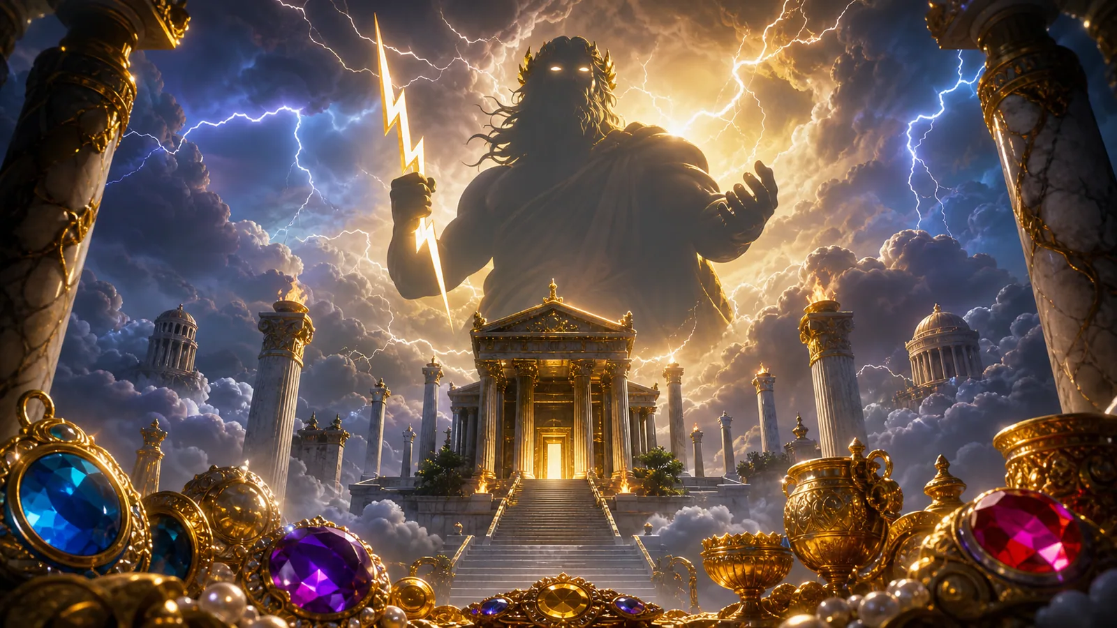 Original Gates of Olympus-inspired editorial artwork featuring Zeus above a marble temple with lightning and jeweled relics