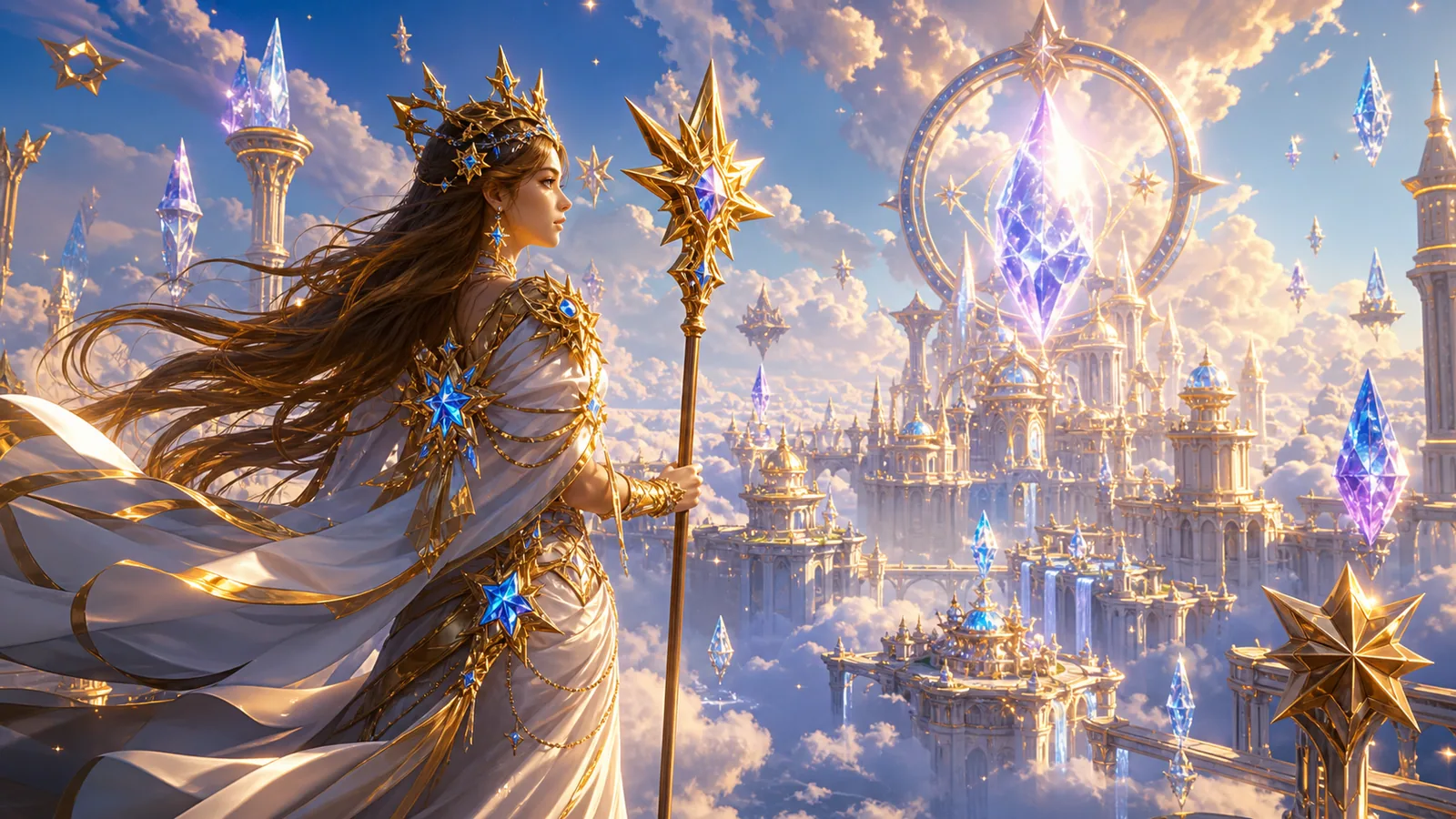 Original Starlight Princess-inspired editorial artwork featuring a floating anime-inspired sky kingdom with stars and bright gems