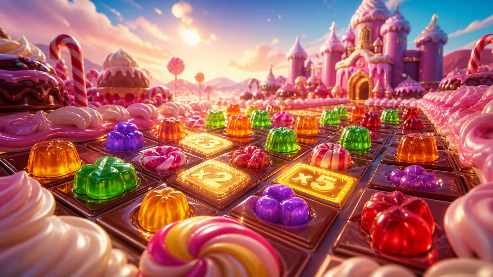 Original Sugar Rush-inspired editorial artwork featuring a candy grid with jelly shapes, frosting and glowing multiplier tiles