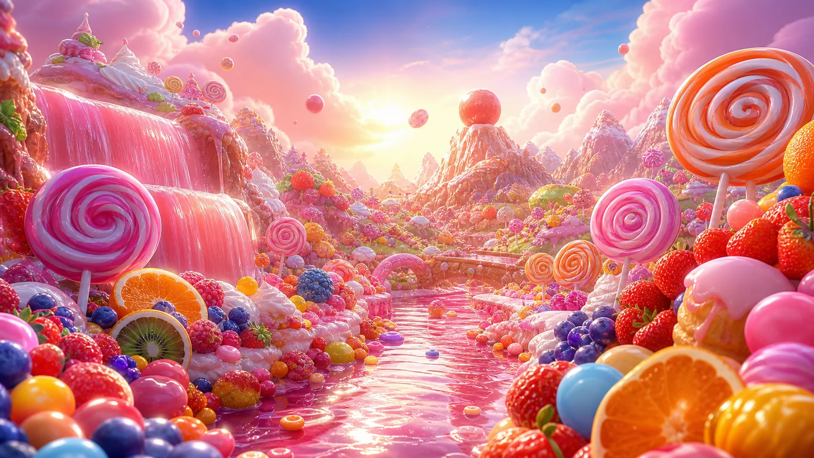 Original Sweet Bonanza-inspired editorial artwork featuring a bright candy valley with fruit, lollipops and pastel clouds