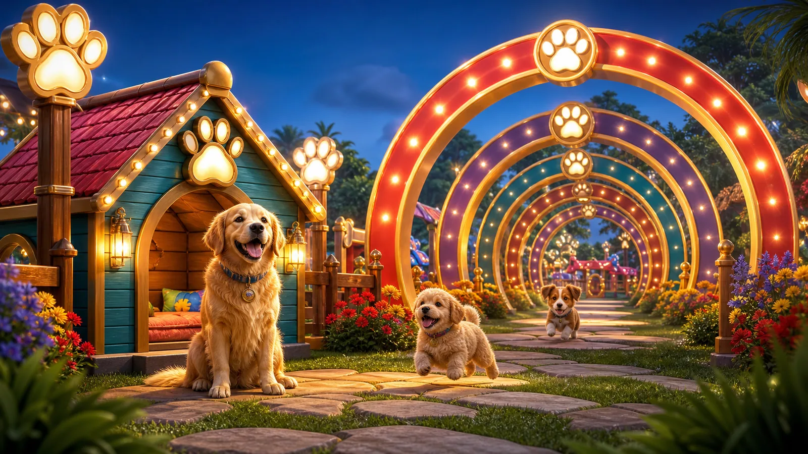 Original The Dog House Megaways-inspired editorial artwork featuring playful dogs, a colourful garden kennel and paw-print lights