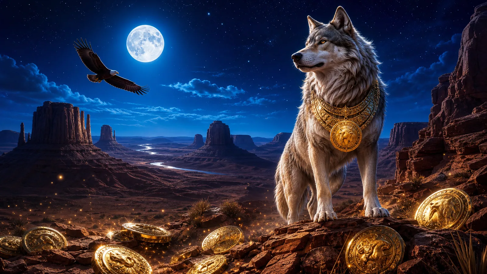 Original Wolf Gold-inspired editorial artwork featuring moonlit desert mesas, wolves, eagles and gold coins