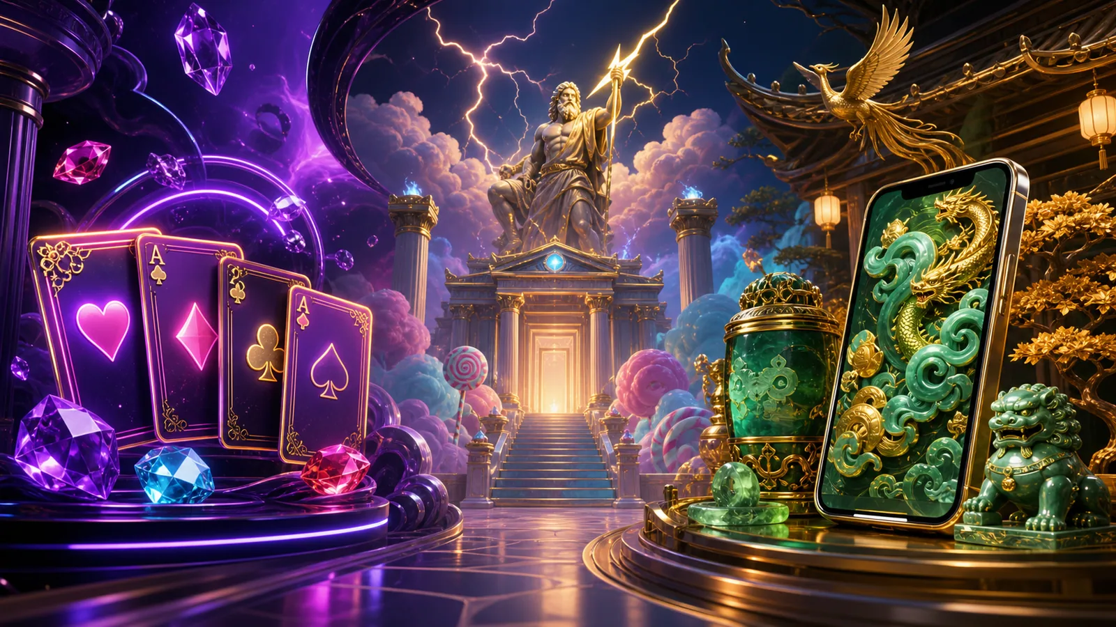 Original premium slot provider gallery with three distinct game worlds